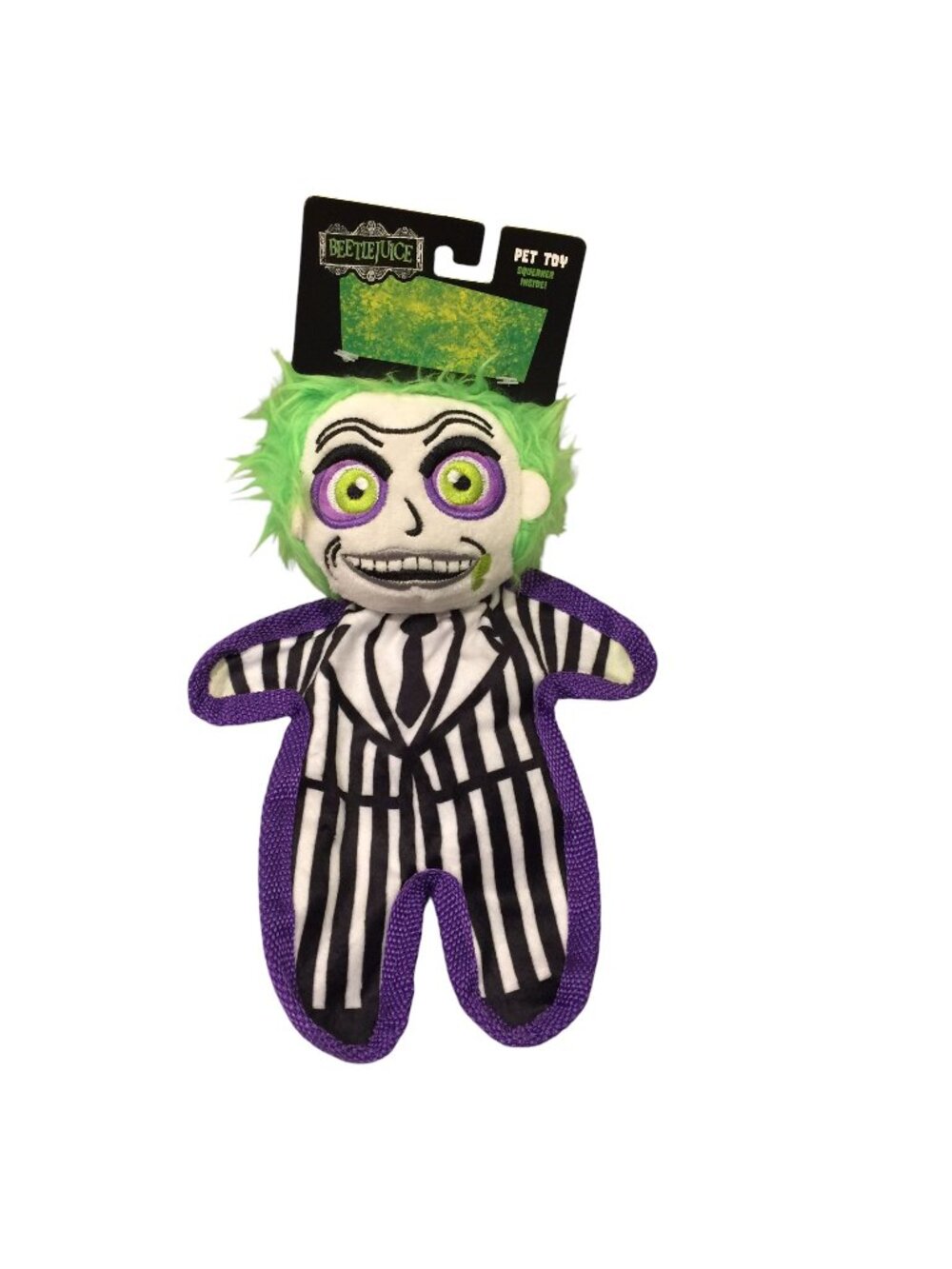 Beetlejuice 9" Crinkle Squeak Body Flattie Dog Toy Black White Green